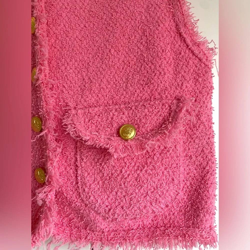 SundayUp One‎ Size Womens Pink Faux Tweed Vest Frayed With Gold Buttons